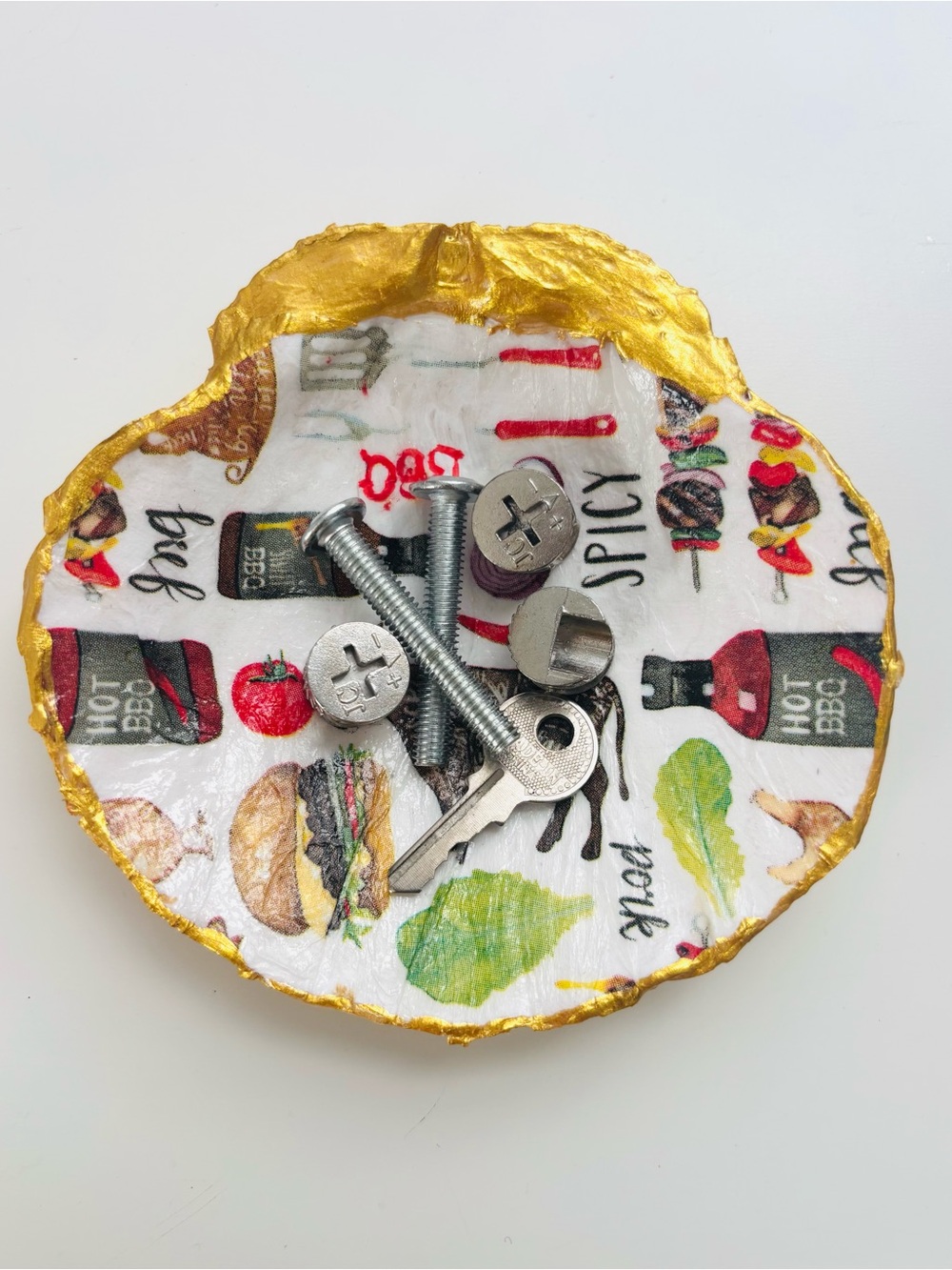 Handcrafted Scallop Shell Trinket Dish w/Grill Decoupage Design